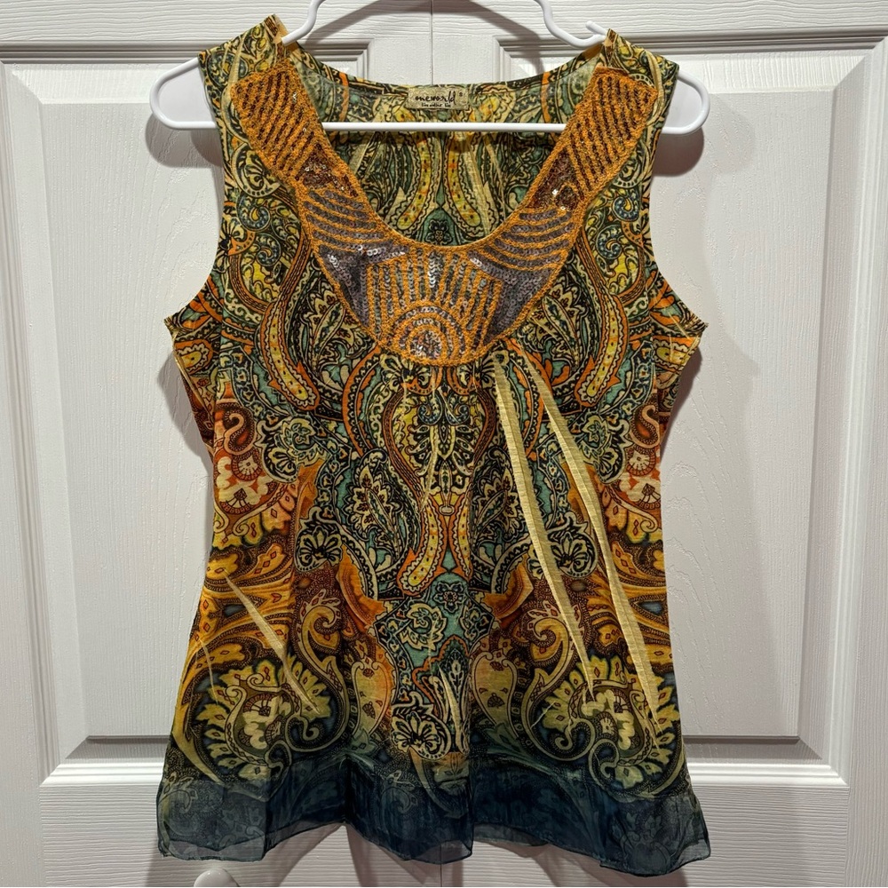 ONE WORLD Women’s Multicolor Sequin Tank Top Blouse Shirt - size S